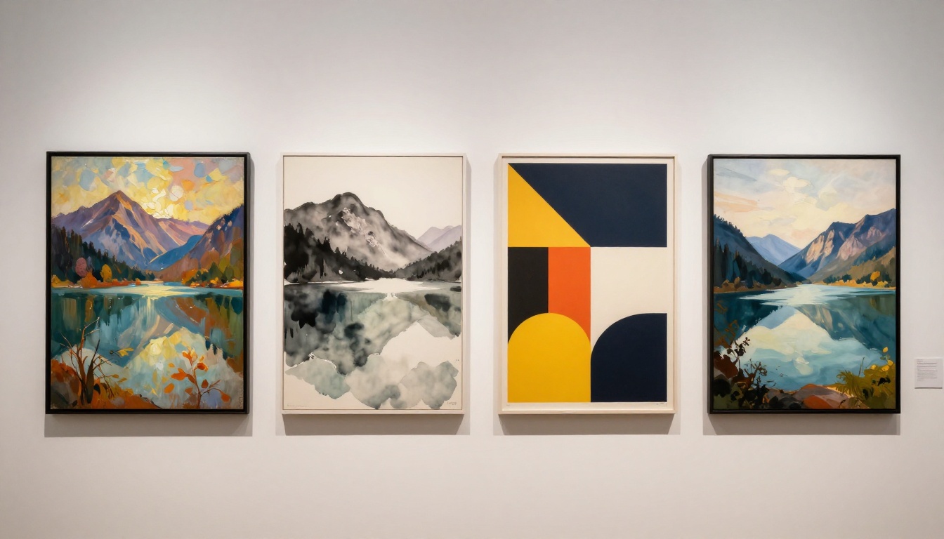Four framed prints showing the same mountain lake scene rendered in four distinct artistic styles hung on a white gallery wall
