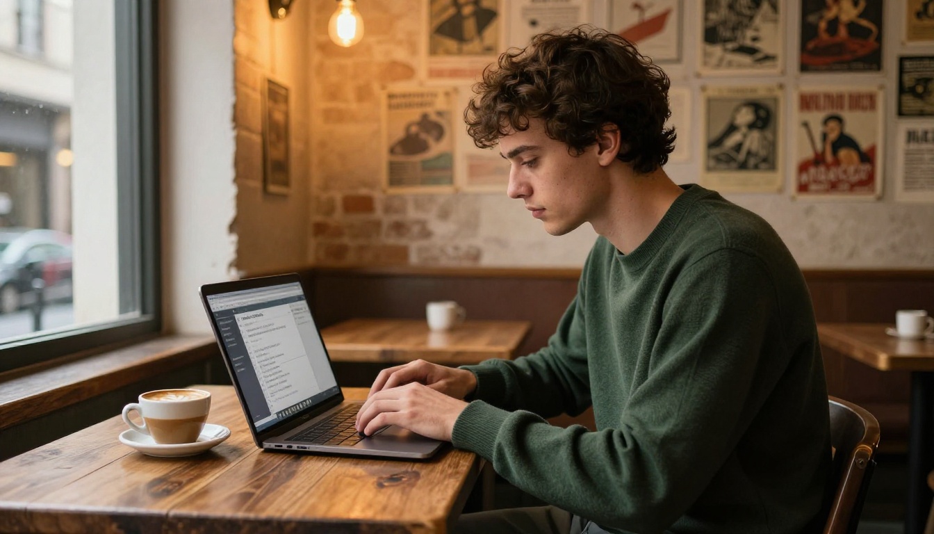 Young man typing AI art prompts carefully on a silver laptop in a warm-lit café with brick walls and vintage art prints