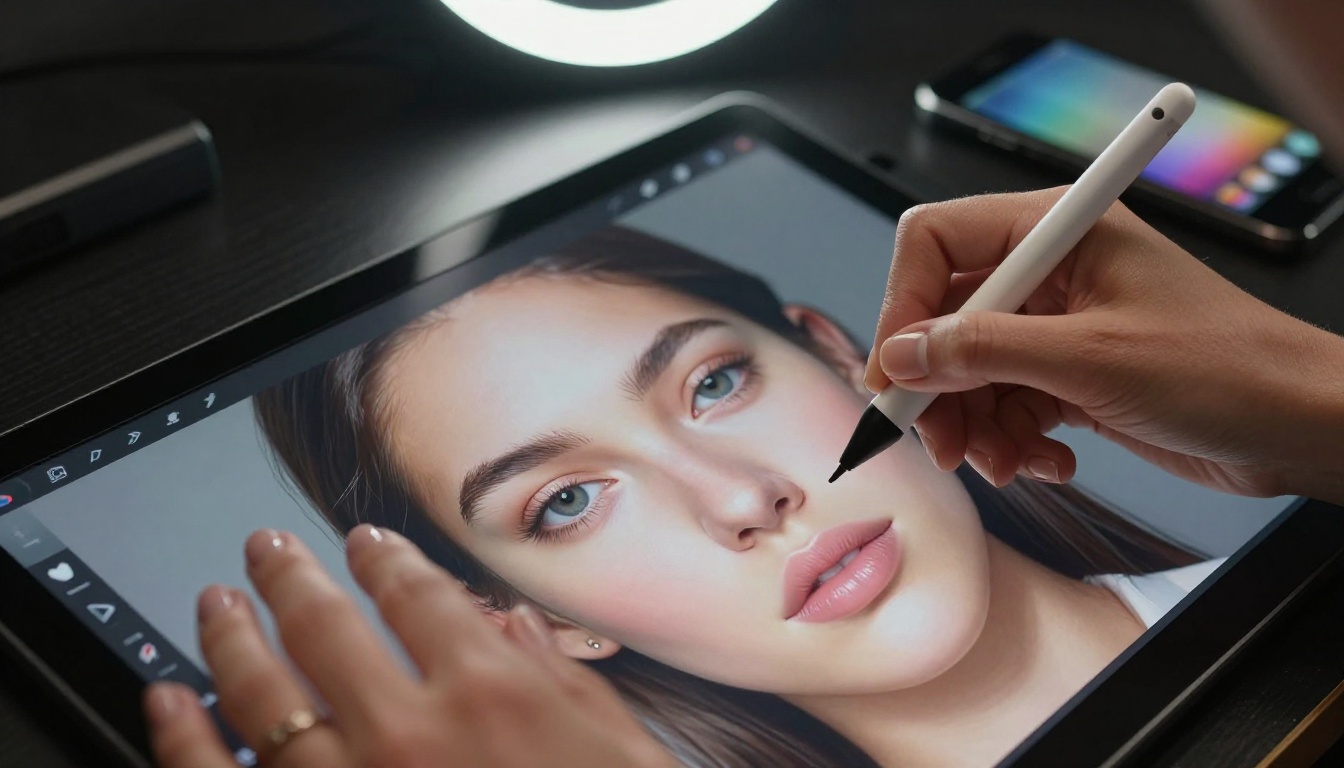 Close-up of feminine hands using a stylus pen on a large graphics tablet displaying a detailed AI-generated portrait
