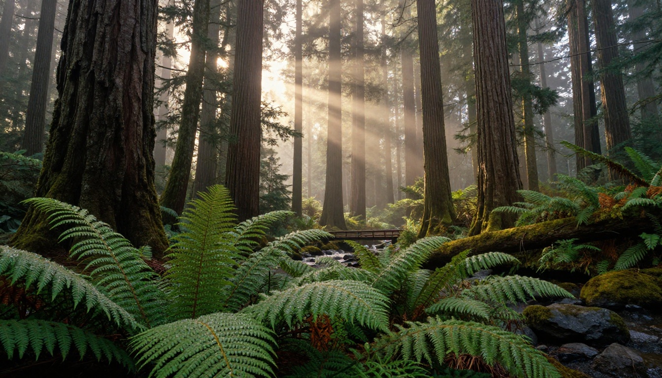 Pacific Northwest forest landscape with morning mist, towering Douglas firs, and dew-covered ferns in extraordinary natural detail