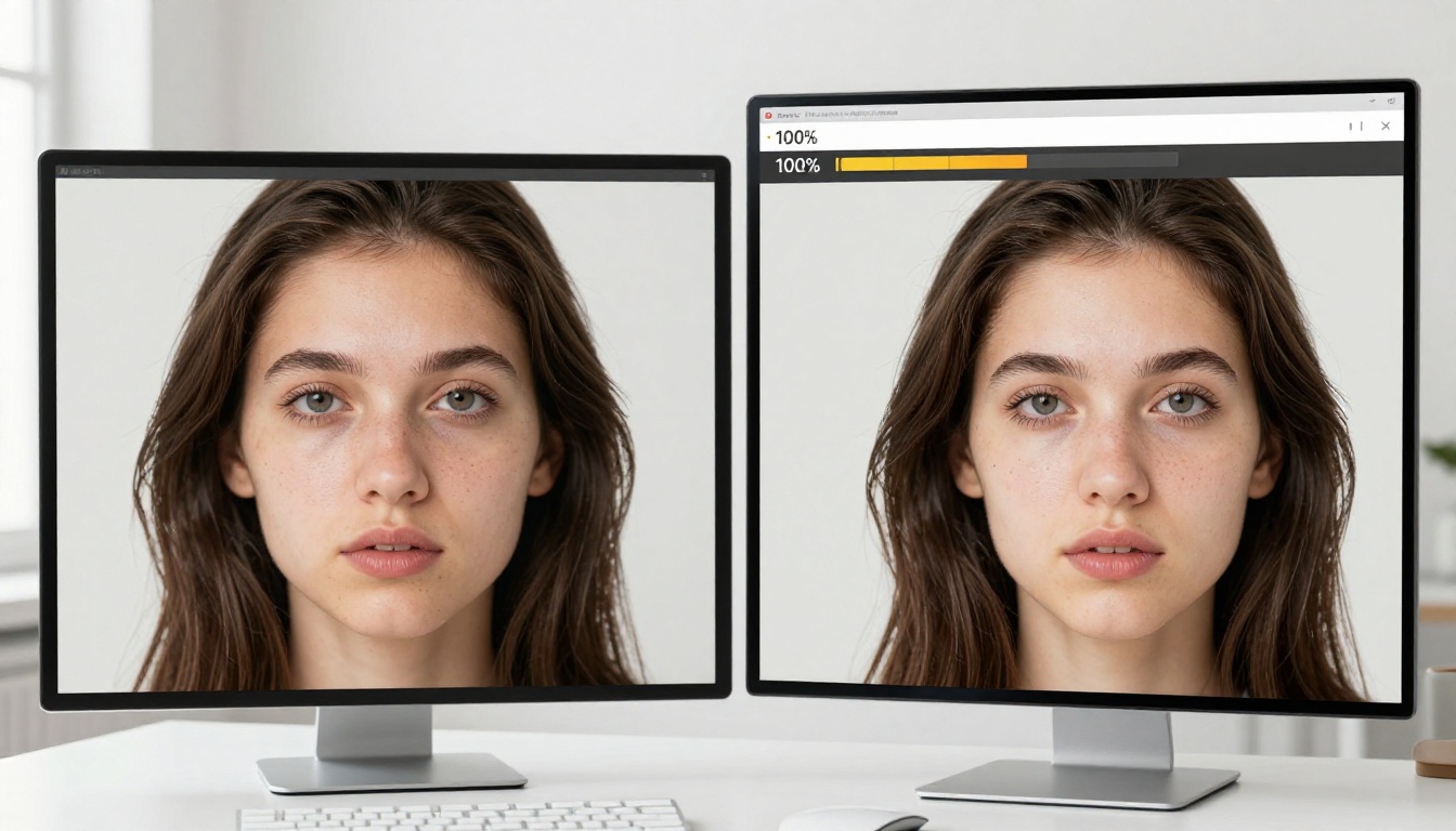 Monitor on a white desk showing side-by-side comparison of a blurry low-resolution portrait on the left versus a razor-sharp upscaled version on the right