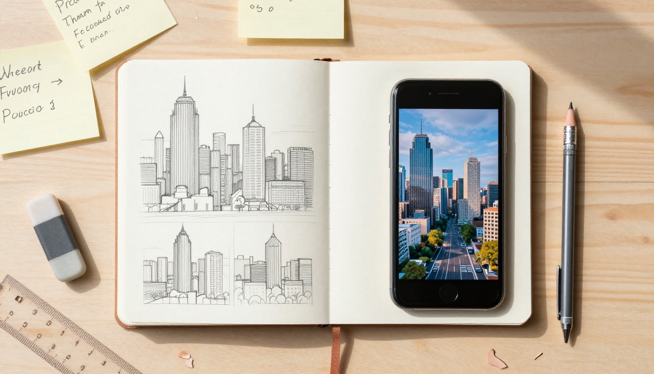 Flat lay overhead showing a sketchbook with pencil thumbnail drawings beside a smartphone displaying the AI-generated version of the same cityscape