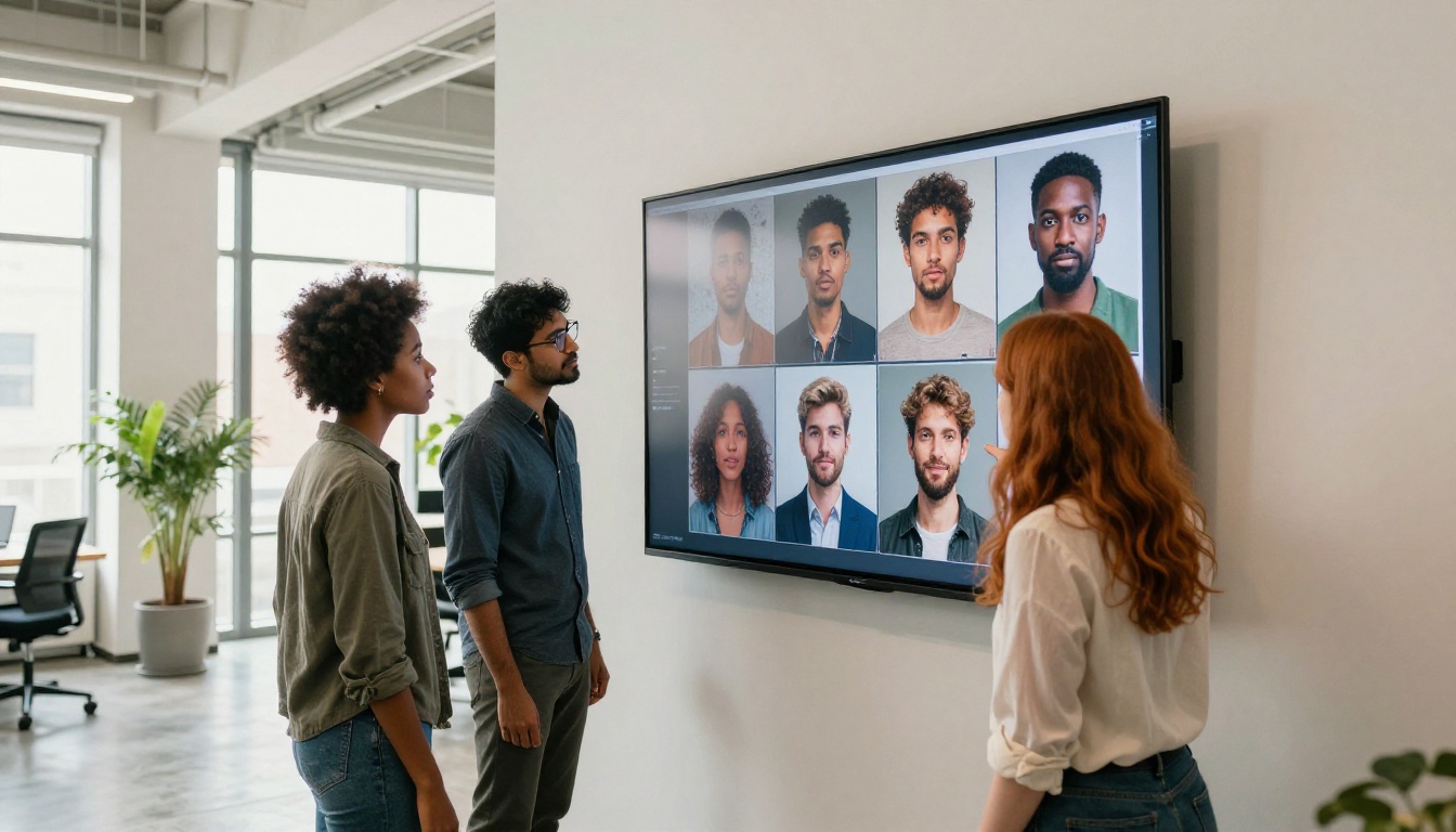 Diverse team of three people gathered around a large touchscreen wall display examining a grid of AI-generated portrait artwork in a modern bright office