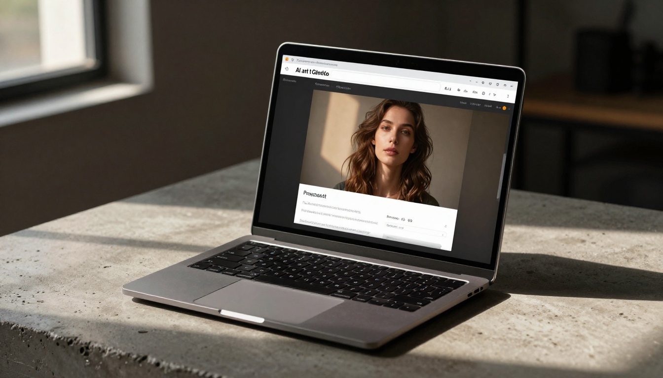 Laptop screen showing an AI art generation interface with a photorealistic portrait preview on a concrete studio surface with dramatic natural light