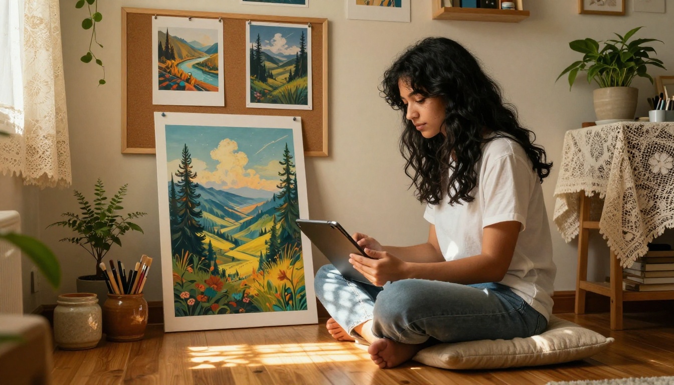 Young creative woman sitting cross-legged on a floor cushion in a cozy home studio surrounded by printed AI artworks pinned to a corkboard and houseplants