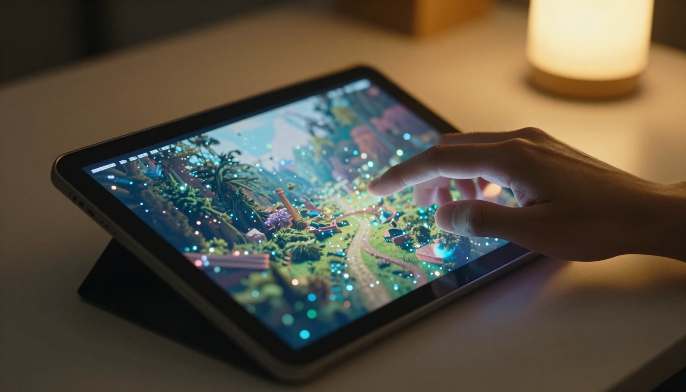 A hand hovering over a tablet screen displaying AI-generated imagery mid-generation, warm amber studio lamp light, macro photography