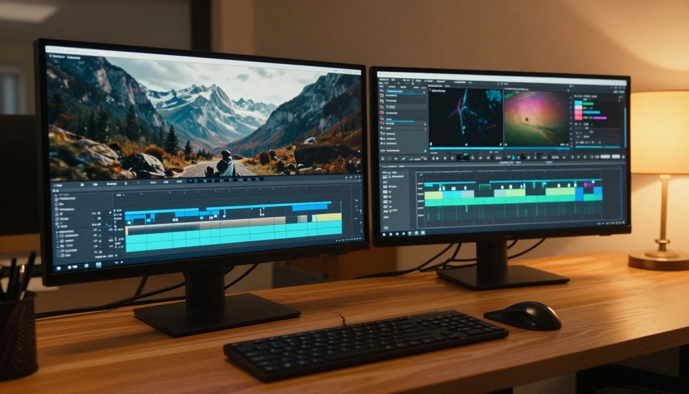 A professional video editing suite with multiple monitors showing cinematic footage on timeline tracks, warm tungsten desk lamps, realistic wood grain surfaces