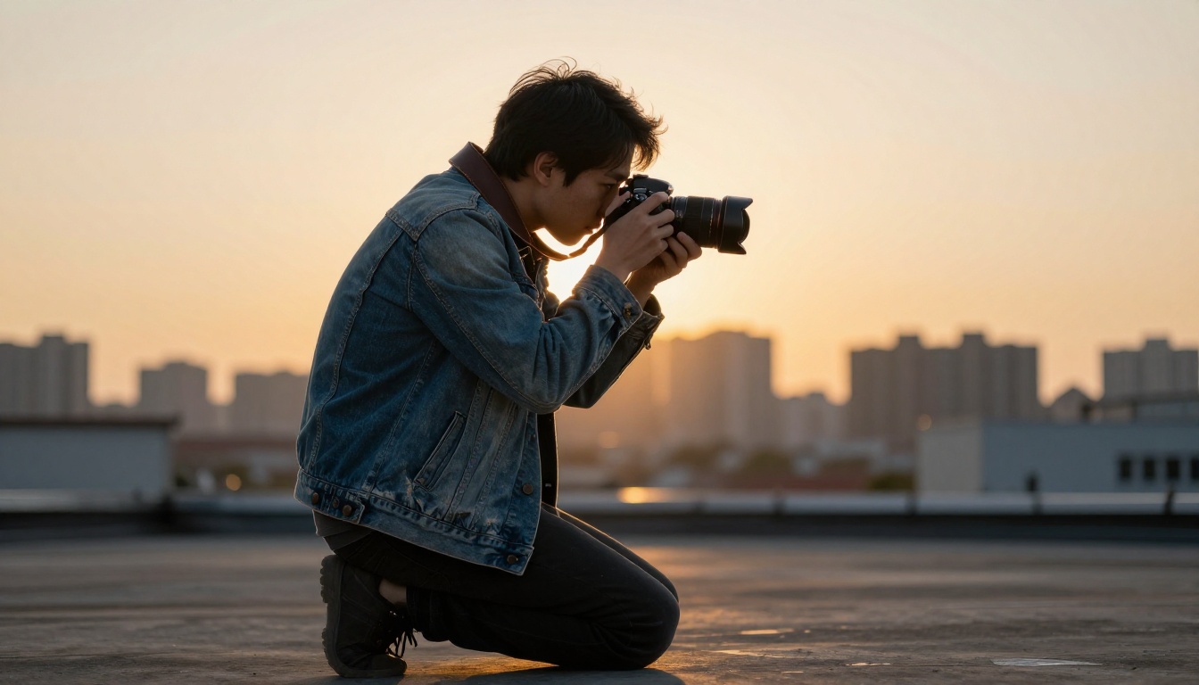 A photographer kneeling on a rooftop at golden hour reviewing camera footage, soft warm backlight, city skyline in bokeh background
