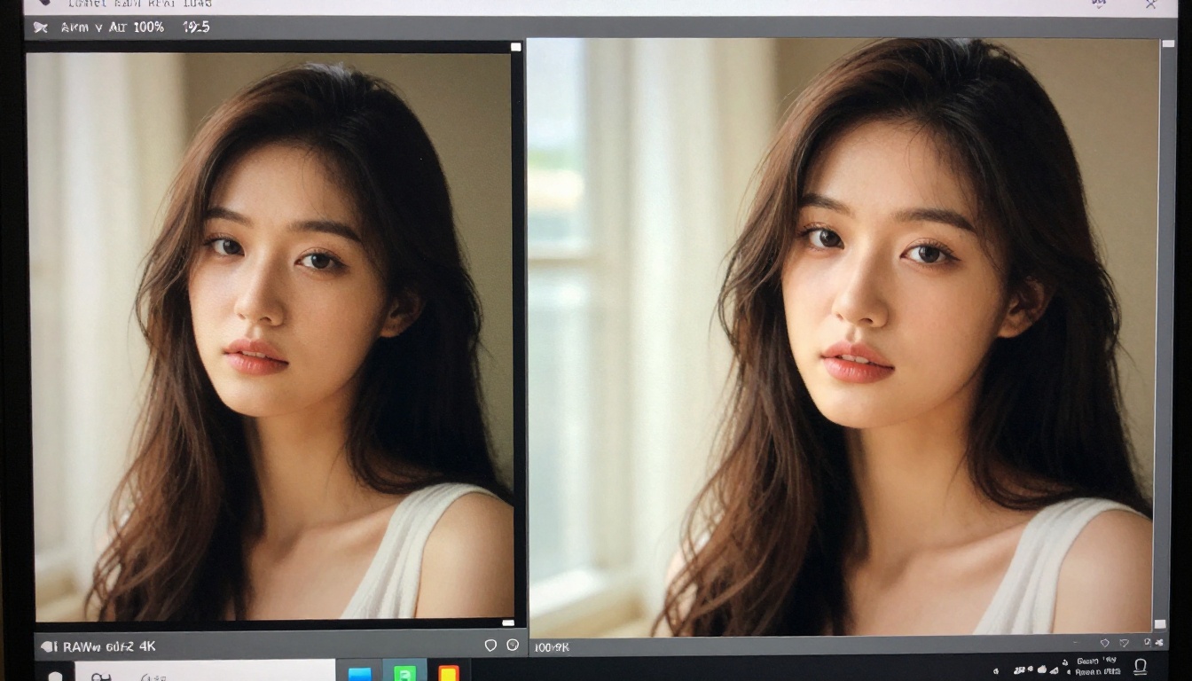 A laptop screen showing a side-by-side before and after AI upscaling comparison, warm diffused window light, close-up macro shot with visible screen texture