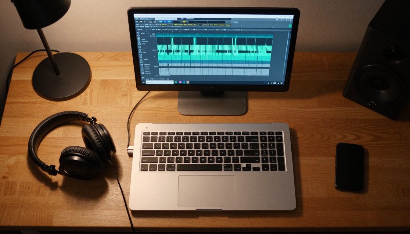 An aerial flat-lay of a music producer workspace with studio headphones, MIDI keyboard, and laptop open to an audio waveform interface, warm LED studio lighting overhead An aerial flat-lay of a music producer workspace with studio headphones, MIDI keyboard, and laptop open to an audio waveform interface, warm LED studio lighting overhead
