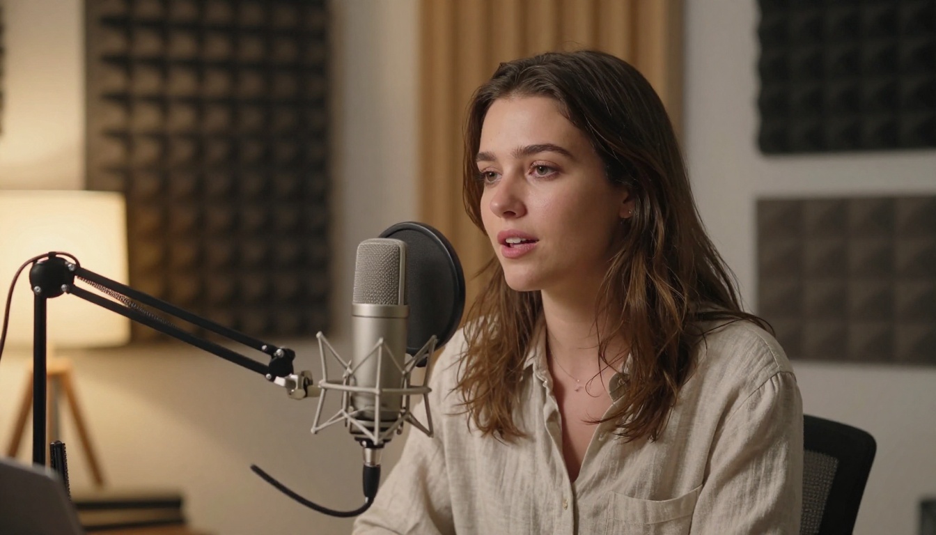 A young woman podcaster recording in a home studio speaking into a professional condenser microphone on a boom arm, warm key light from the left, acoustic foam panels visible behind A young woman podcaster recording in a home studio speaking into a professional condenser microphone on a boom arm, warm key light from the left, acoustic foam panels visible behind