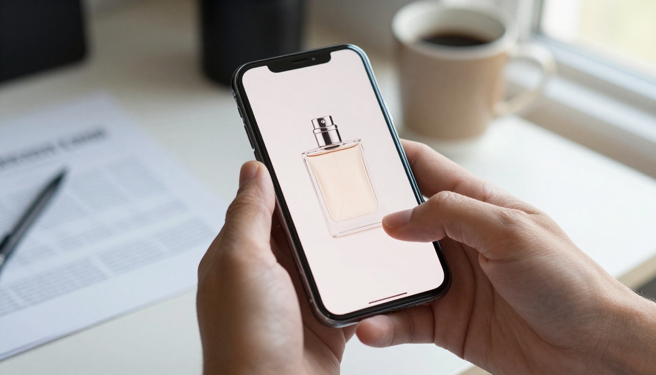 A designer's hands holding a smartphone displaying a perfume bottle with a perfectly clean white background, cluttered real desk visible behind, natural daylight from window