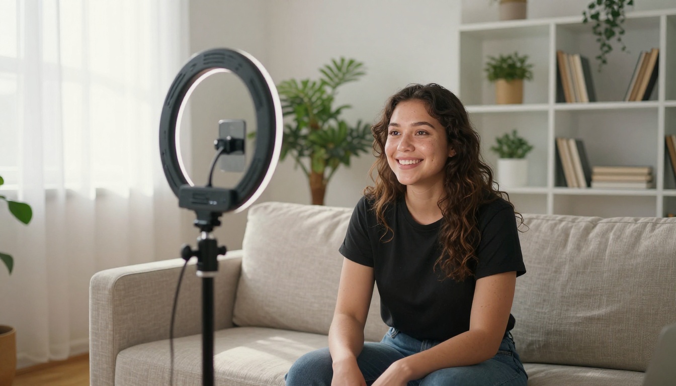 A social media content creator filming themselves in a bright minimalist apartment studio, ring light with catchlights, camera on tripod, plants and bookshelf in background A social media content creator filming themselves in a bright minimalist apartment studio, ring light with catchlights, camera on tripod, plants and bookshelf in background
