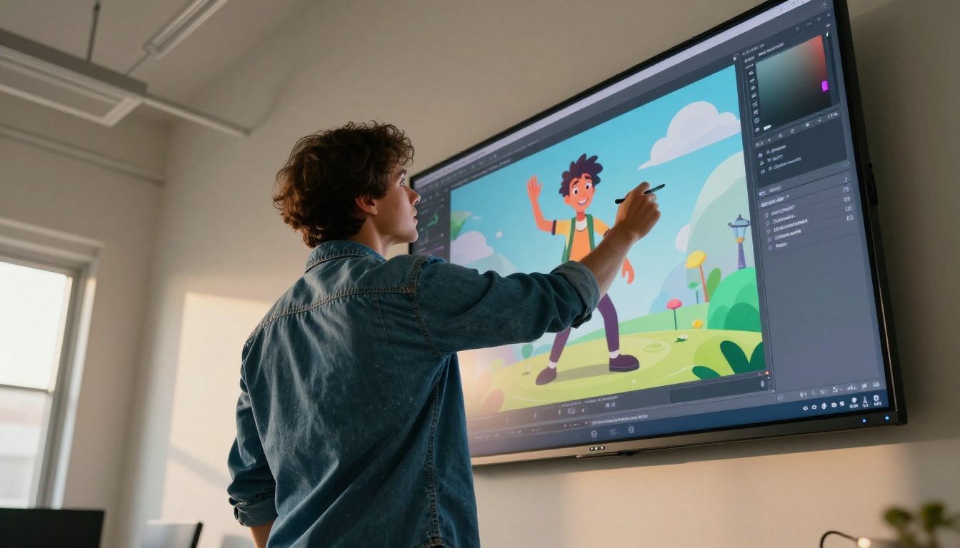 A motion graphics designer standing in front of a large monitor showing a colorful animated character, cool daylight from the left contrasted with warm monitor glow, wide 24mm lens A motion graphics designer standing in front of a large monitor showing a colorful animated character, cool daylight from the left contrasted with warm monitor glow, wide 24mm lens