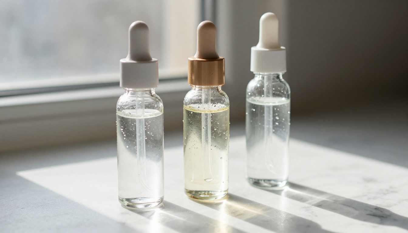 Luxury skincare bottles on marble surface with morning light