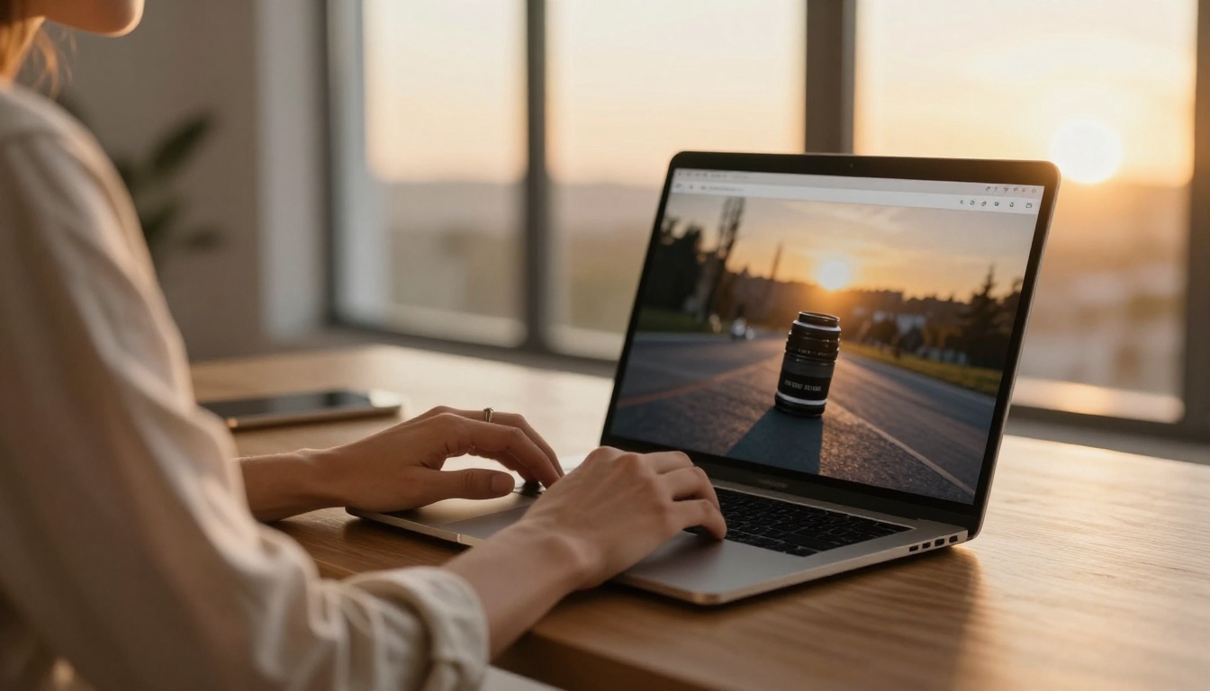 Creative director typing AI video prompts at a minimal desk