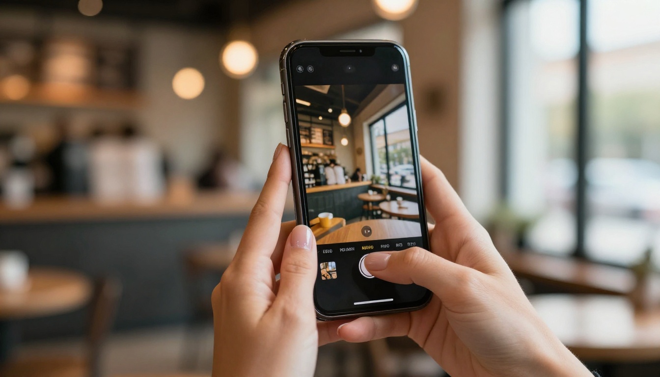 Smartphone displaying a product video, held in a coffee shop