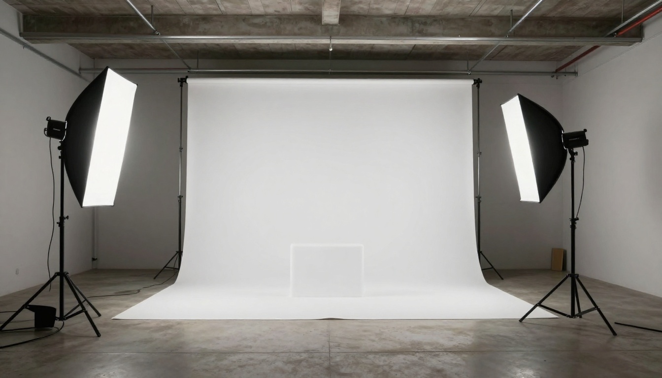 Modern minimalist photography studio with seamless backdrop and softbox lights