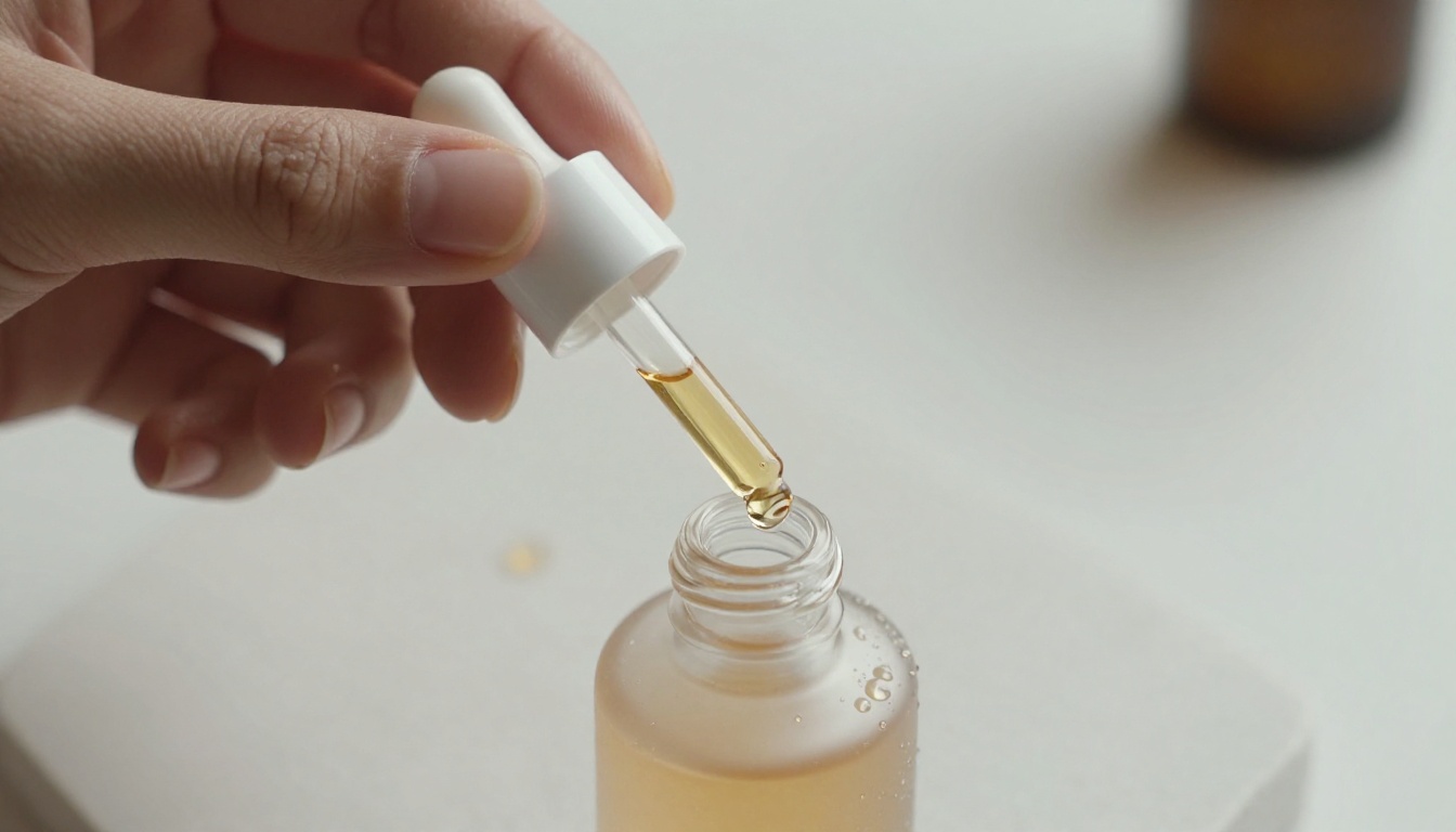 Woman applying serum dropper over frosted glass skincare bottle Woman applying serum dropper over frosted glass skincare bottle