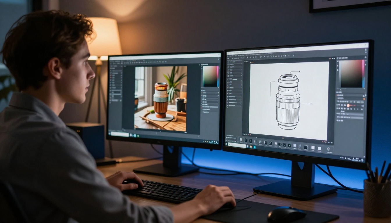 Marketing professional comparing product photo vs AI video frame on dual screens Marketing professional comparing product photo vs AI video frame on dual screens