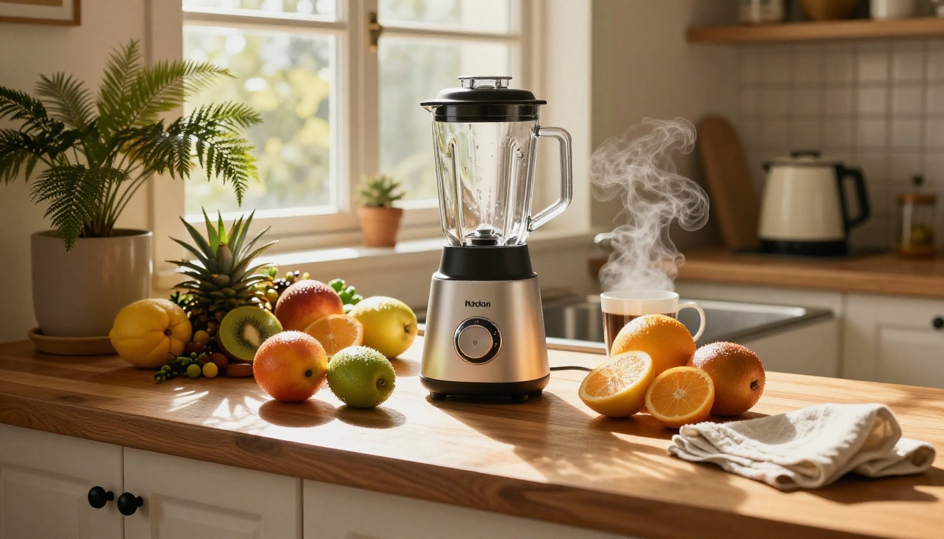 Wide kitchen lifestyle shot with blender product and tropical fruits in morning light Wide kitchen lifestyle shot with blender product and tropical fruits in morning light