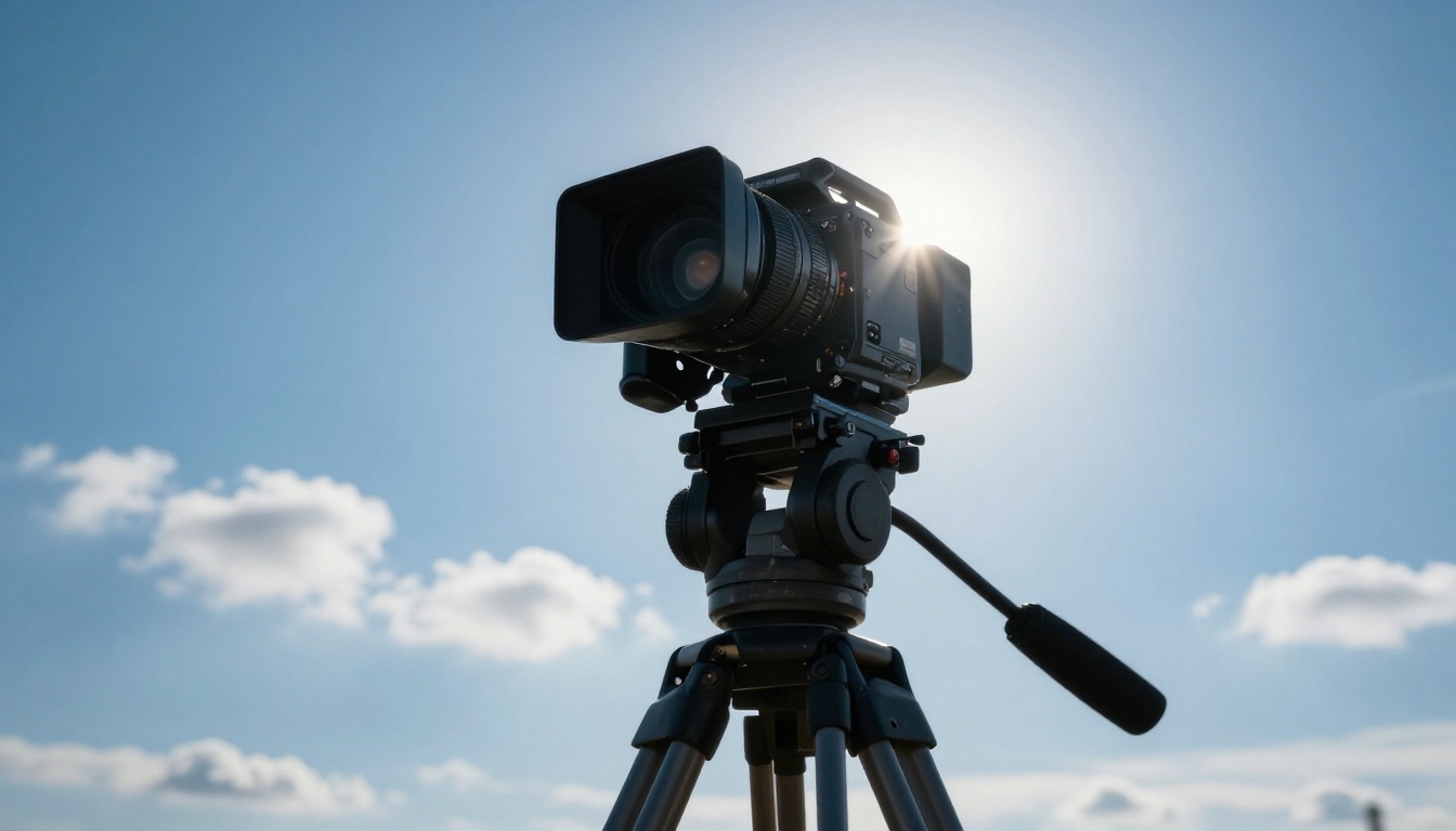 Low-angle shot of a professional film camera silhouetted against a clear blue sky