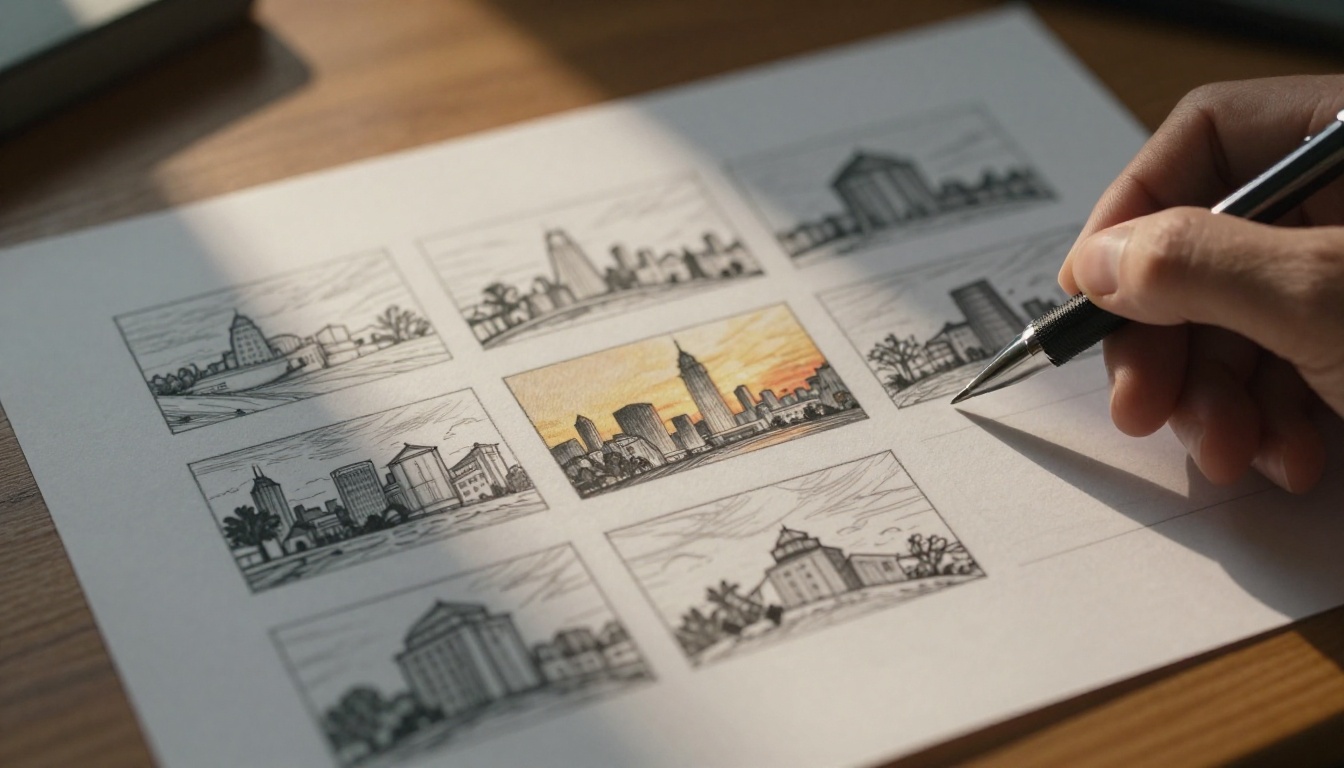 Storyboard planning sheets for AI video sequence production