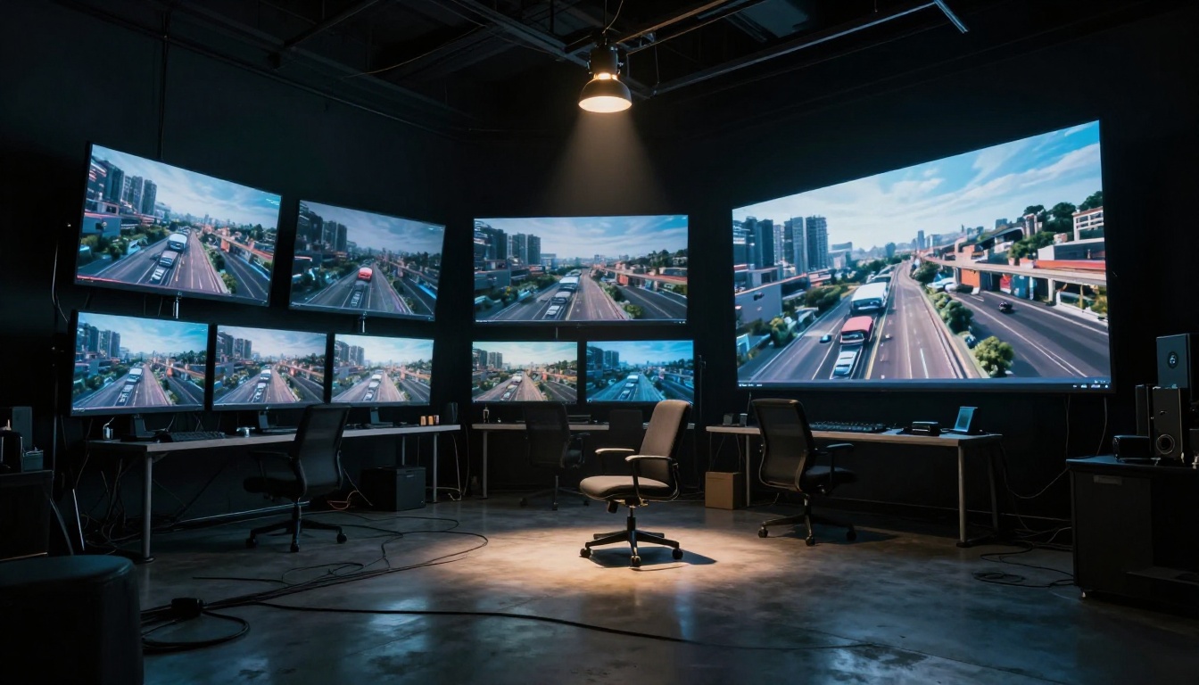 Large professional video production studio at night with multiple monitors