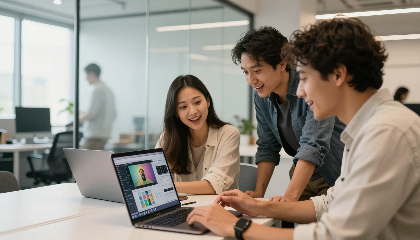 Diverse team of professionals excited by AI video generation results on a laptop