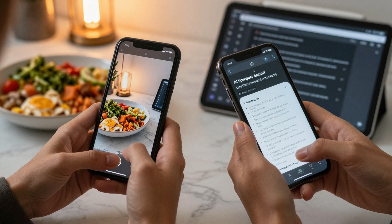 Creator filming close-up content with smartphone and AI script generator notes on tablet