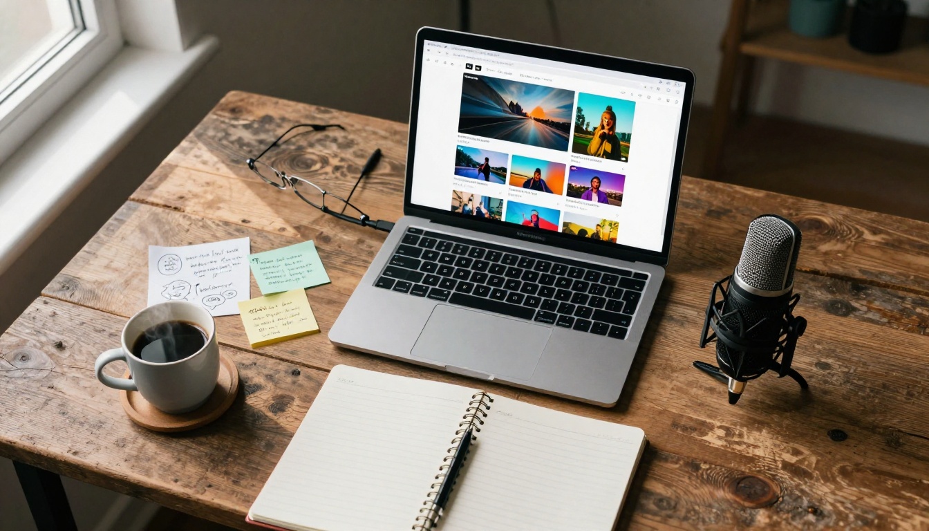 Content creator desk setup with AI video generation interface and sticky notes