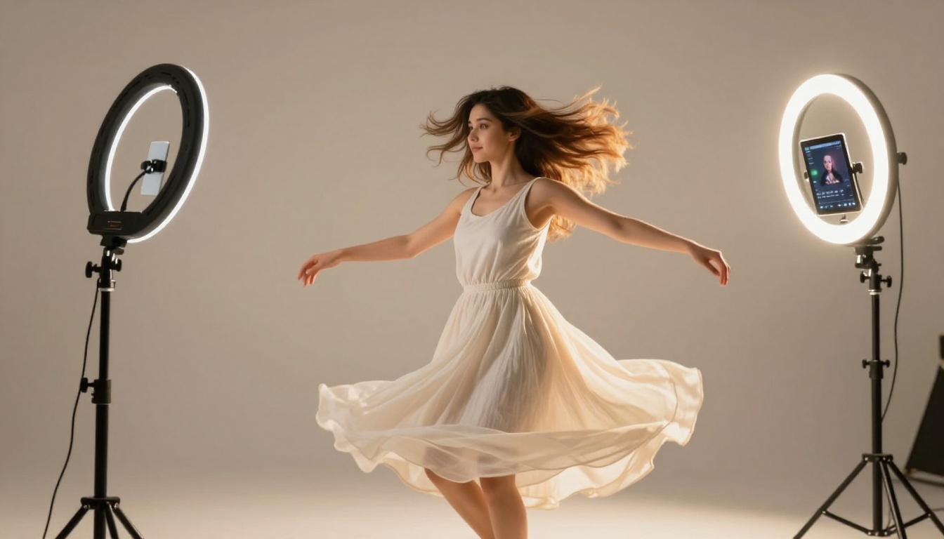 Young woman dancing mid-movement in a white studio with AI effects interface on tablet Young woman dancing mid-movement in a white studio with AI effects interface on tablet