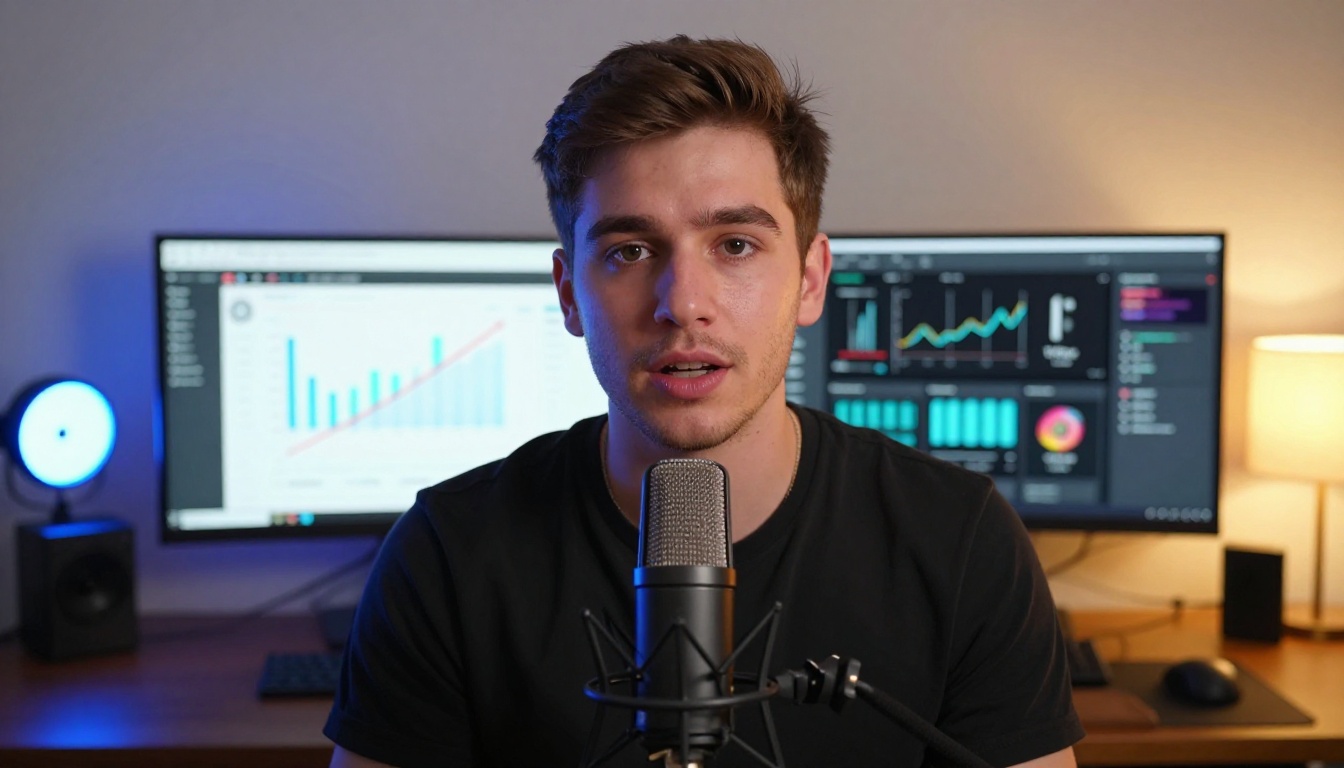 Male content creator reviewing TikTok analytics and AI thumbnail previews on dual monitors Male content creator reviewing TikTok analytics and AI thumbnail previews on dual monitors