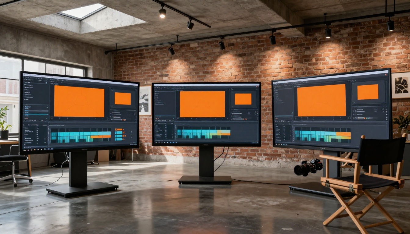 Creative content studio with multiple monitors showing AI video editing timelines