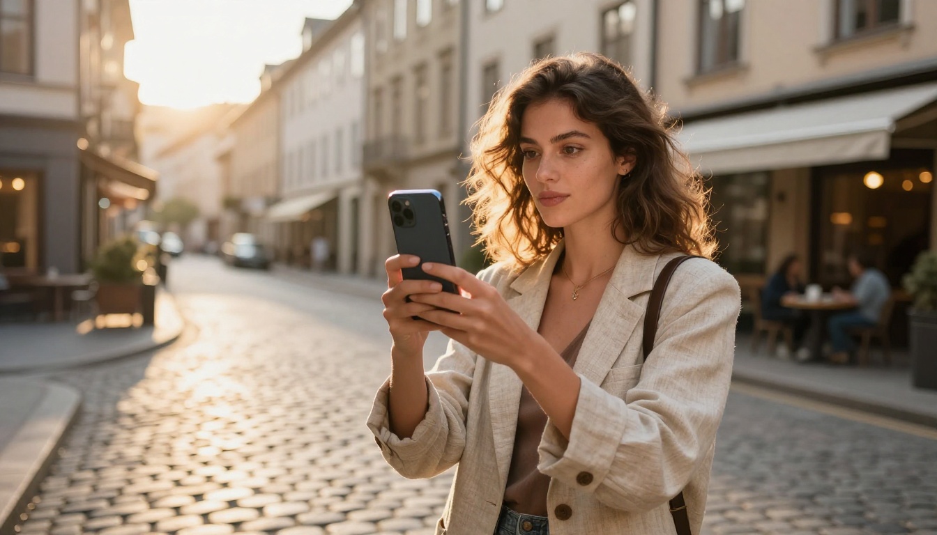 Female creator filming outdoors on cobblestone street with smartphone in golden hour light