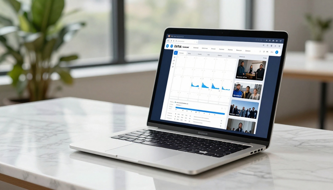 Laptop displaying AI content scheduling dashboard with weekly calendar on marble table Laptop displaying AI content scheduling dashboard with weekly calendar on marble table