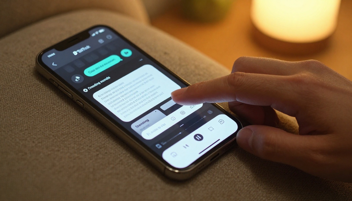 Smartphone screen showing TikTok editing interface with AI captions and trending sounds panel