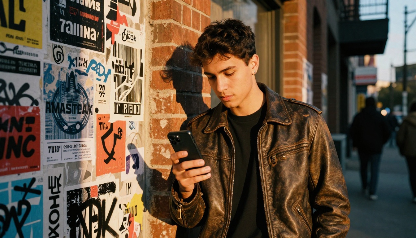 Confident young male TikTok creator on urban street holding phone showing viral video Confident young male TikTok creator on urban street holding phone showing viral video