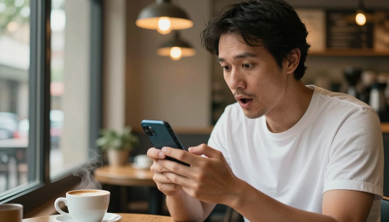 A person watching AI video on a smartphone in a coffee shop, afternoon light
