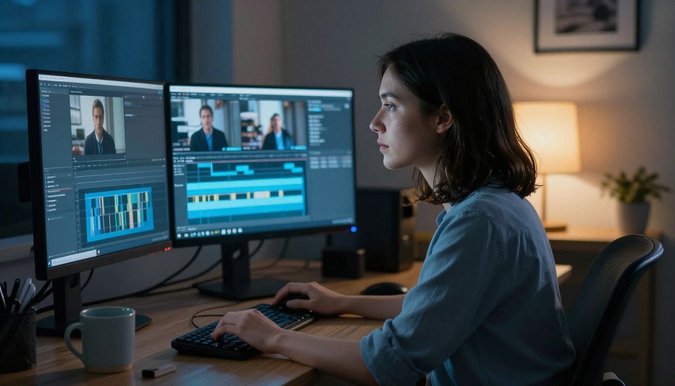 A woman working at a dual-monitor setup in the evening, professional creative workspace lit by monitor glow