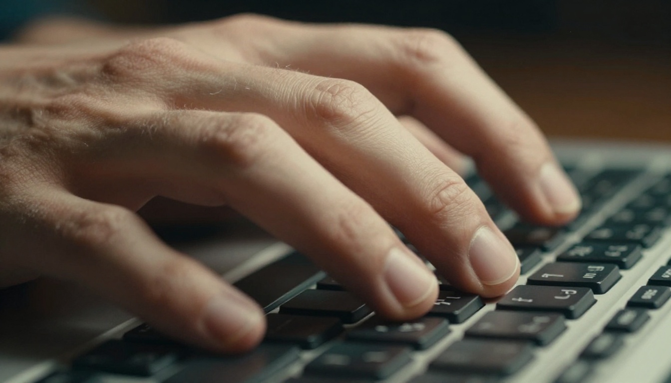 Close-up of hands typing a prompt on a mechanical keyboard, warm directional light