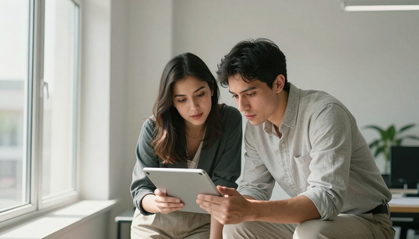 Two young professionals reviewing AI video on a tablet in a bright office