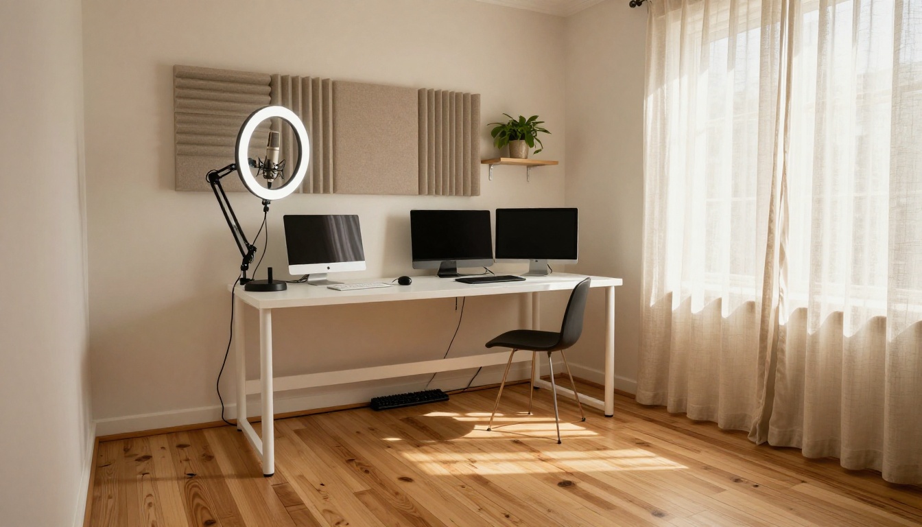 Wide shot of a professional home studio setup with desk, monitors, and equipment