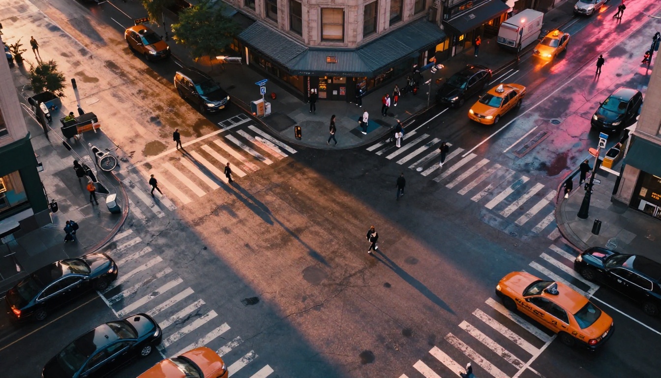 Aerial view of a city intersection at golden hour with pedestrians casting long shadows on wet pavement
