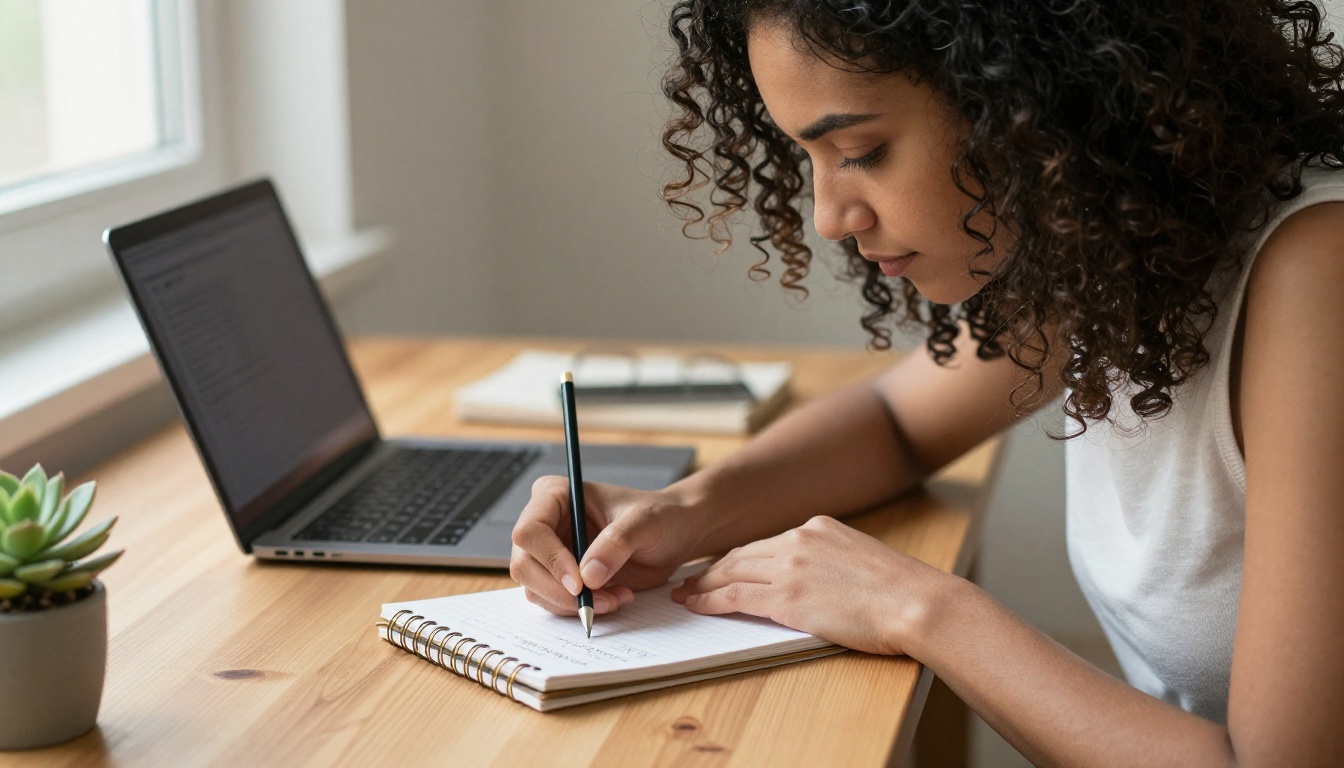 A woman writing prompt ideas in a notepad beside her laptop in a bright home office