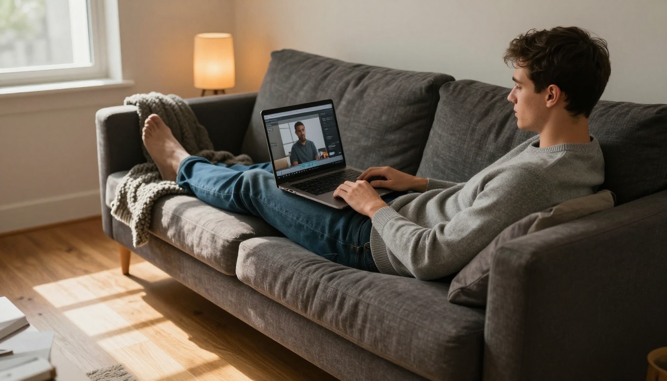 A relaxed man watching AI-generated video on his laptop at home on a comfortable sofa in warm afternoon light