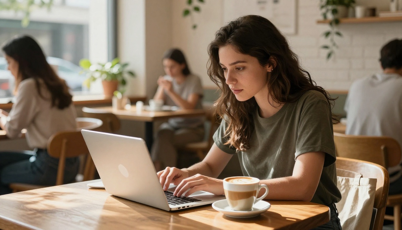 Creator uploading AI-generated images to a stock marketplace at a sunny cafe