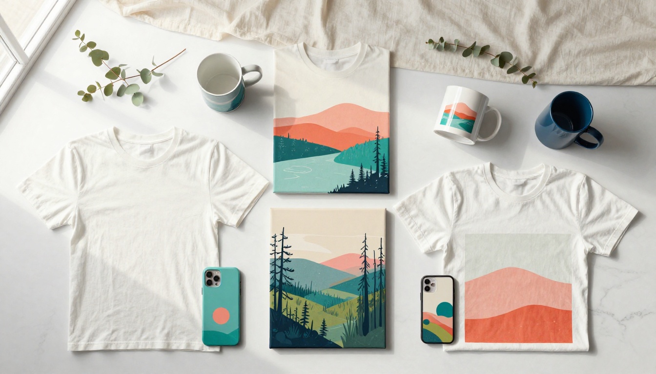 Colorful print-on-demand products featuring vibrant AI-generated artwork flat-lay