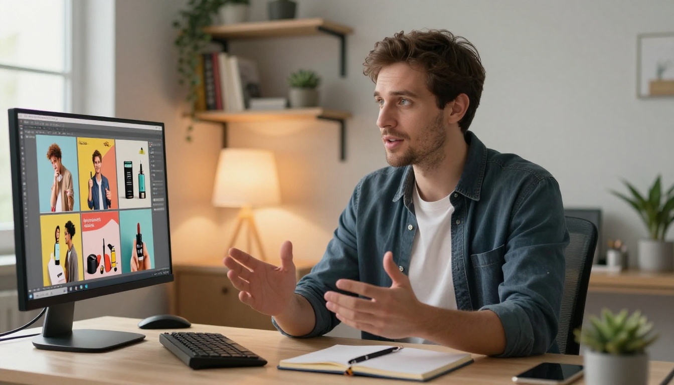 Freelance designer on video call presenting AI image campaign to a client