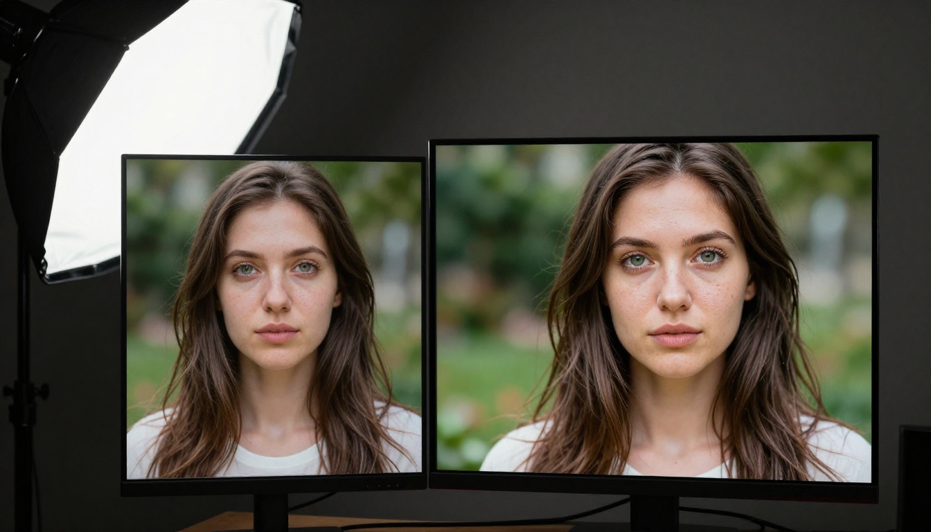 Before and after AI upscaling comparison showing portrait detail improvement on monitor